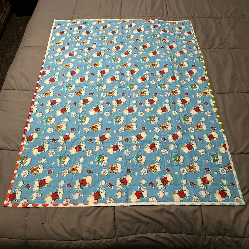 Vintage Daisy Kingdom Blue Jean Teddy Handmade Baby Quilt Nursery Blanket 34x42